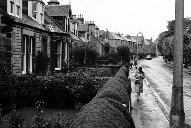 A view of Kirkgate, in Liberton, showing  front gardens with neatly trimmed hedges in September 1965.