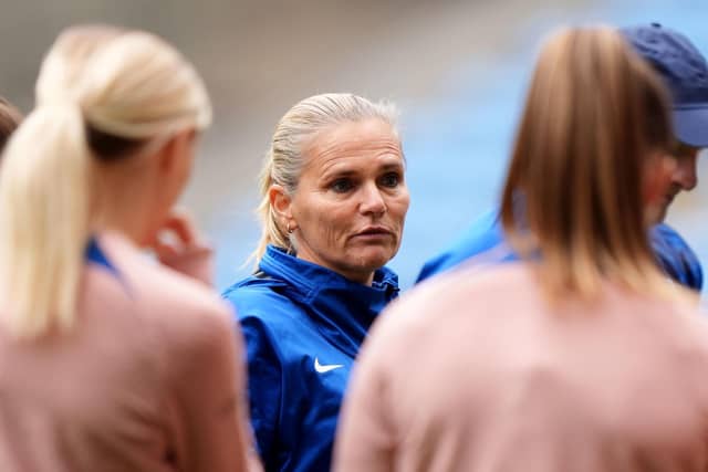 BIGGER PICTURE: England manager Sarina Wiegman, instructs her players during a training session at Coventry Building Society Arena on Monday. Picture: Bradley Collyer/PA