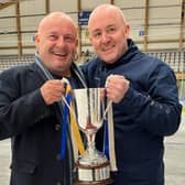 WINNING TEAM: Leeds Knights' owner Steve Nell (left) and head coach Ryan Aldridge celebrate with the NIHL National trophy on Sunday. Picture courtesy of Leeds Knights.