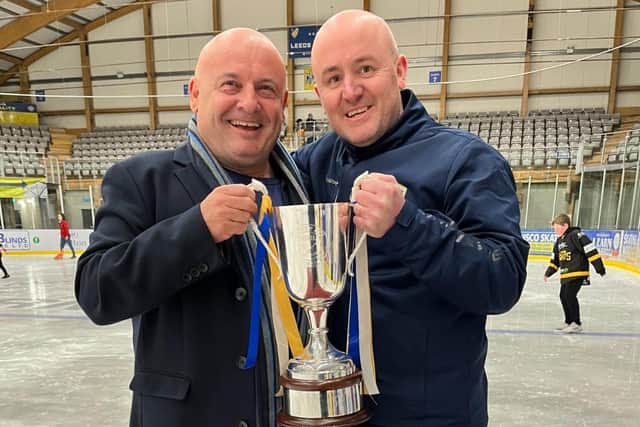 WINNING TEAM: Leeds Knights' owner Steve Nell (left) and head coach Ryan Aldridge celebrate with the NIHL National trophy on Sunday. Picture courtesy of Leeds Knights.