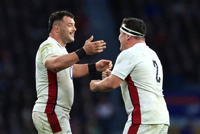 Ellis Genge embraces Jamie George of England after winning a penalty during the Guinness Six Nations Rugby match between England and Ireland at Twickenham Stadium on March 12, 2022 in London, England. (Photo by David Rogers/Getty Images)