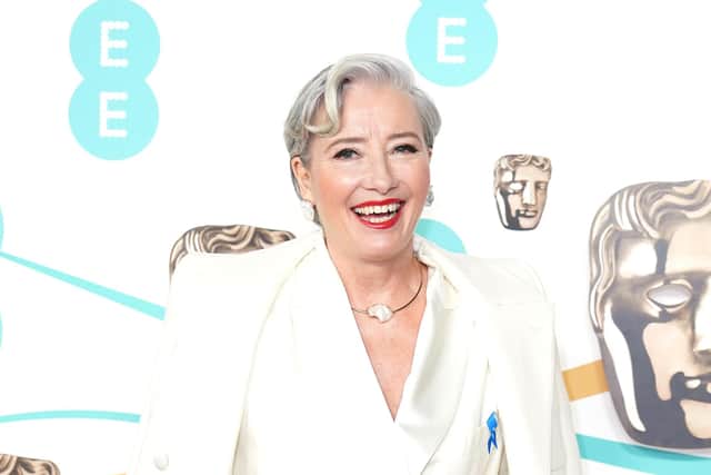 Dame Emma Thompson wears a white wool and silk Laura Pitharas suit for the BAFTAs 76th British Academy Film Awards at the Southbank Centre's Royal Festival Hall in London. Picture by Ian West/PA.