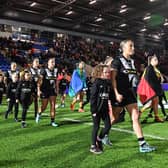 Krystal Rota (C) leads out New Zealand ahead of the match against Australia - New Zealand Kiwi Ferns v Australia Women, Round 3 match of the Women’s Rugby League World Cup 2021 (played in 2022) at LNER Community Stadium, York, which has now been chosen to host games in the 2025 rugby union World Cup (Picture: Will Palmer / www.photosport.nz)