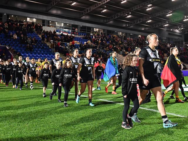 Krystal Rota (C) leads out New Zealand ahead of the match against Australia - New Zealand Kiwi Ferns v Australia Women, Round 3 match of the Women’s Rugby League World Cup 2021 (played in 2022) at LNER Community Stadium, York, which has now been chosen to host games in the 2025 rugby union World Cup (Picture: Will Palmer / www.photosport.nz)