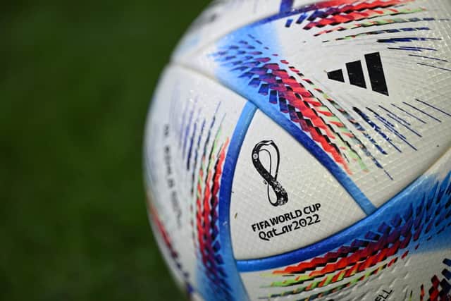 DOHA, QATAR - NOVEMBER 25: Detail of the adidas ‘Al Rihla’ official match ball prior to the FIFA World Cup Qatar 2022 Group A match between Qatar and Senegal at Al Thumama Stadium on November 25, 2022 in Doha, Qatar. (Photo by Stuart Franklin/Getty Images)