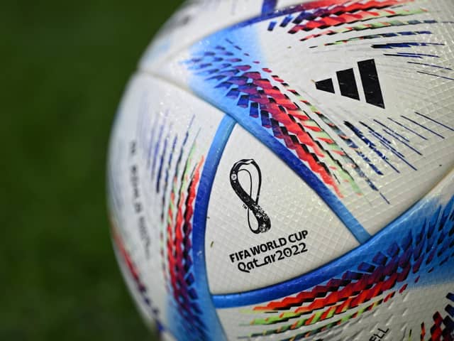 DOHA, QATAR - NOVEMBER 25: Detail of the adidas ‘Al Rihla’ official match ball prior to the FIFA World Cup Qatar 2022 Group A match between Qatar and Senegal at Al Thumama Stadium on November 25, 2022 in Doha, Qatar. (Photo by Stuart Franklin/Getty Images)