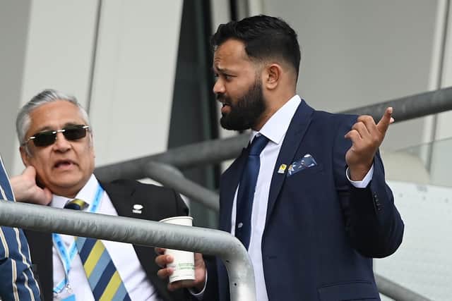 Former Yorkshire player Azeem Rafiq speaks to Yorkshire Chair, Lord Patel  during Day Three of the Third LV= Insurance Test Match at Headingley on June 25, 2022 in Leeds (Picture: Alex Davidson/Getty Images)