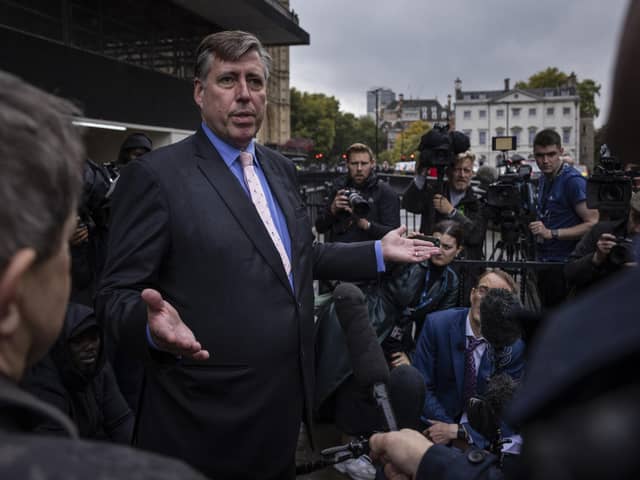 LONDON, ENGLAND - OCTOBER 20: Chairman of the 1922 Committee, Sir Graham Brady, speaks to the press following the resignation of Liz Truss as Prime Minister Of The United Kingdom on October 20, 2022 in London, England. Liz Truss has been the UK Prime Minister for just 44 days and has had a tumultuous time in office. Her mini-budget saw the GBP fall to its lowest-ever level against the dollar, increasing mortgage interest rates and deepening the cost-of-living crisis. She responded by sacking her Chancellor Kwasi Kwarteng, whose replacement announced a near total reversal of the previous policies. Yesterday saw the departure of Home Secretary Suella Braverman and a chaotic vote in the House of Commons chamber.  (Photo by Dan Kitwood/Getty Images)