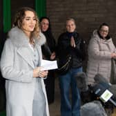 Georgia Harrison speaks to the media outside Chelmsford Crown Court after her former partner and reality TV star, Stephen Bear, was sentenced to 21 months in prison. PIC: Joe Giddens/PA Photos.