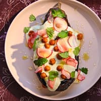 Samoan recipes: Baked aubergine with whipped feta, pickled radish and chickpeas