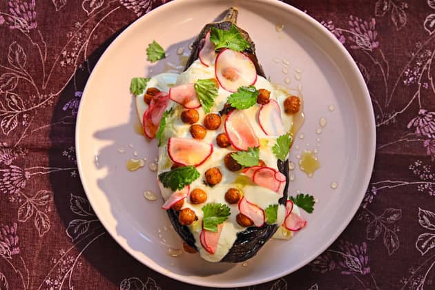 This is a handout photo of Monica Galetti's Baked Aubergine.    Yuki Sugiura/PA