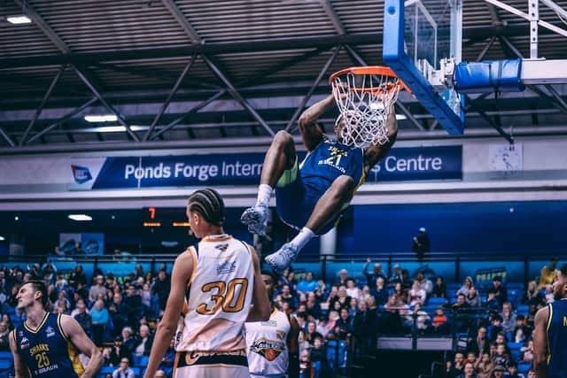 Marcus Delpeche with a dunk against Thames Valley Cavaliers (Picture: Adam Bates)