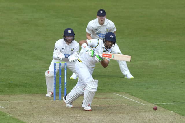 Shan Masood plays the ball away on his Yorkshire debut. Photo by Stu Forster/Getty Images.
