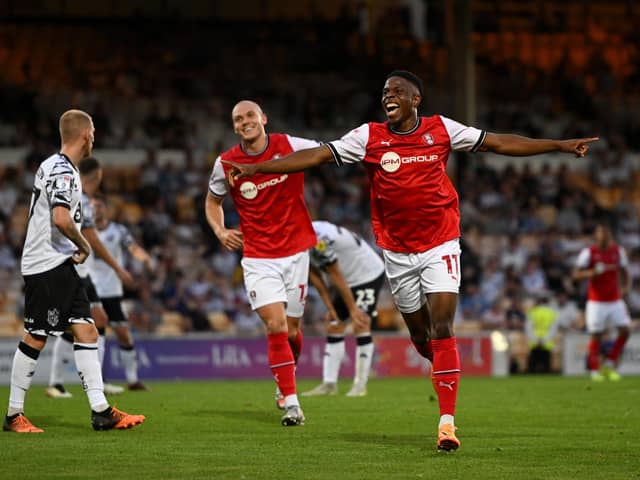 BURSLEM, ENGLAND - AUGUST 10: Chiedozie Ogbene of Rotherham United scores their side's second goal during the Carabao Cup First Round between Port Vale and Rotherham United at Vale Park on August 10, 2022 in Burslem, England. (Photo by Ross Kinnaird/Getty Images)
