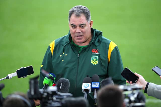 Mal Meninga talks to the media during Australia's captain's run at Elland Road. (Photo by Ashley Allen/Getty Images for RLWC2021)