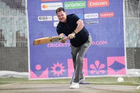 Rob Key, the England managing director of men's cricket, for some reason bats in the nets prior to the last match of England's dismal World Cup campaign in Kolkata. Photo by Gareth Copley/Getty Images.