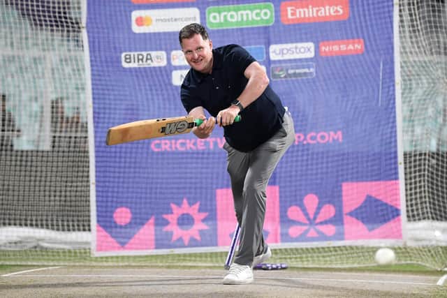 Rob Key, the England managing director of men's cricket, for some reason bats in the nets prior to the last match of England's dismal World Cup campaign in Kolkata. Photo by Gareth Copley/Getty Images.