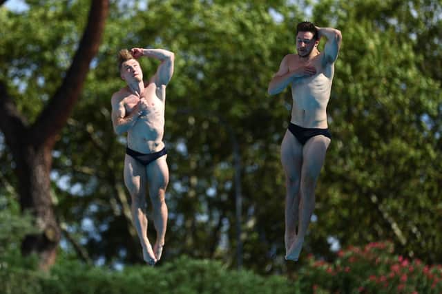 ROME, ITALY - AUGUST 21: Anthony Harding and Jack Laugher of Great Britain compete in the Men's 3m Springboard Final on Day 11 of the European Aquatics Championships Rome 2022 at the Stadio del Nuoto on August 21, 2022 in Rome, Italy. (Photo by Clive Rose/Getty Images)