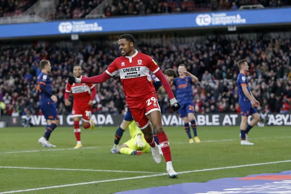 Middlesbrough’s Chuba Akpom celebrates after scoring their sides second goal during the Sky Bet Championship match at the Riverside Stadium, Middlesbrough. Picture date: Saturday February 4, 2023.