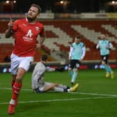 BARNSLEY, ENGLAND - MARCH 07: James Norwood of Barnsley celebrates after scoring the team's first goal during the Sky Bet League One between Barnsley and Portsmouth at Oakwell Stadium on March 07, 2023 in Barnsley, England. (Photo by Michael Regan/Getty Images)