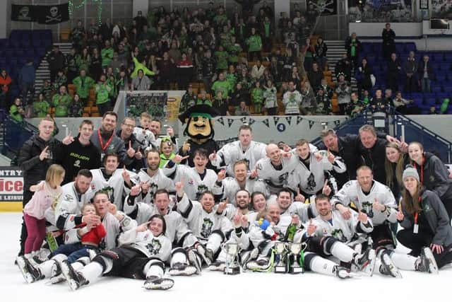 HAPPY DAYS: Lee Bonner (front row, third from left) celebrates the NIHL One play-off success against Peterborough in 2019. at Coventry's SkyDome Arena.