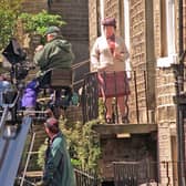 Kathy Staff as Nora Batty on the famous steps during Last of the Summer Wine filming in 1996