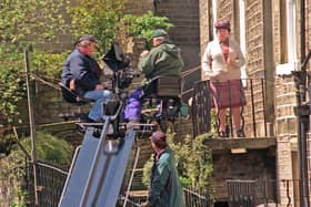 Kathy Staff as Nora Batty on the famous steps during Last of the Summer Wine filming in 1996