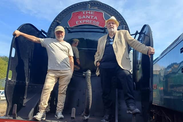 Director Daniel Coll (left) and writer David C. Thorp (right) aboard one of the stars of The Santa Express - locomotive Repton