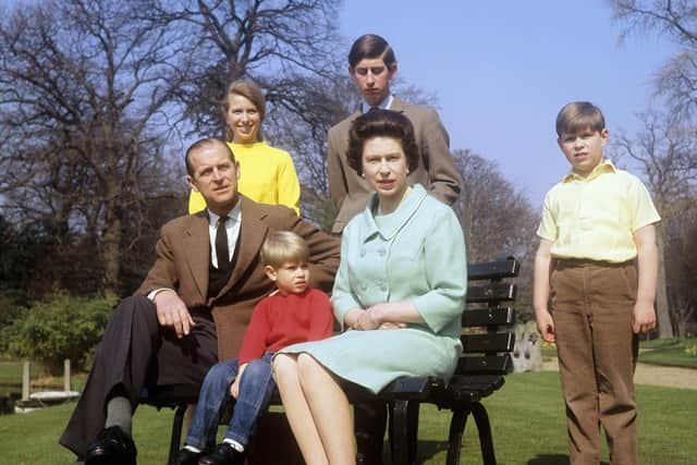 File photo dated 21/04/1968 of The Royal Family in the grounds of Frogmore House, Windsor, Berkshire. Left to right: Duke of Edinburgh, Princess Anne, Prince Edward, Queen Elizabeth II, Prince Charles (behind the Queen) and Prince Andrew.  Photo: PA Wire