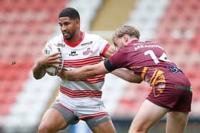 Nene Macdonald on the ball for Leigh in their Championship Grand Final win over Batley. (Picture by Ed Sykes/SWpix.com)