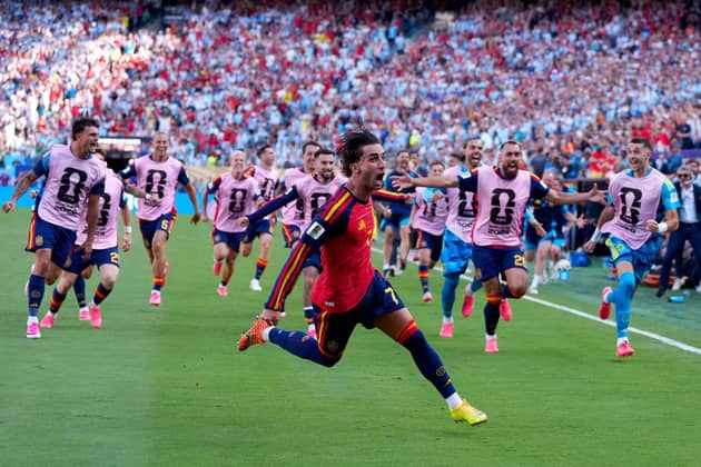 FOLLOW ME: Spain’s Ferran Torres celebrates scoring what proved to be the winning goal against Argentina in Sunday's World Cup final at the New York-New Jersey Stadium. Picture: Nick Potts/PA.