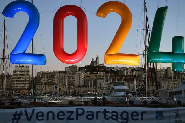 Inflatable 2024 logo. (Pic credit: Boris Horvat / AFP via Getty Images)