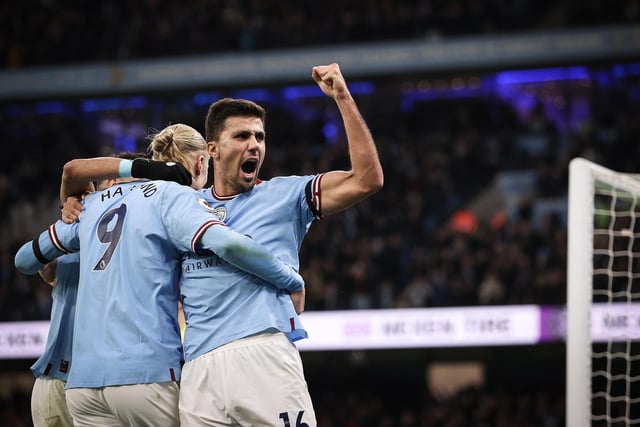 Pictured celebrating a goal for Manchester City team-mate Ilkay Gundogan, Rodri had a customarily sublime performance at the heart of it. (Picture: Ryan Pierse/Getty Images)