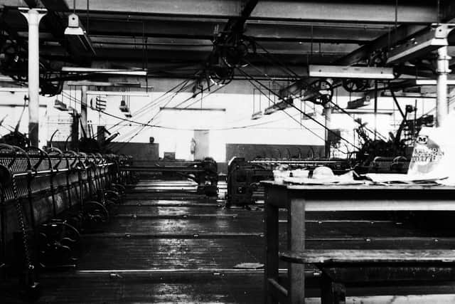 The spinning mule in situ at Messrs James Ives at Leafield Mills, Yeadon.