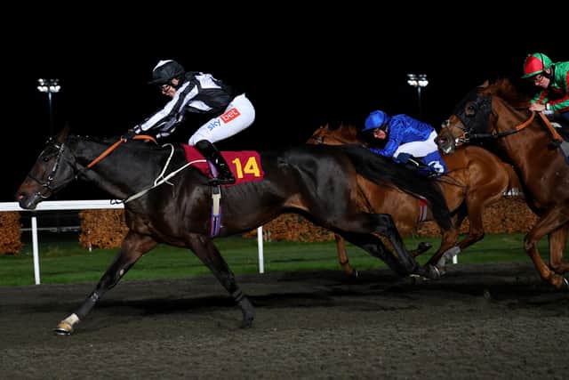London pride: Joanna Mason riding Pons Aelius to victory in the Unibet London Stayers' Series (Final) Handicap at Kempton Park in December.