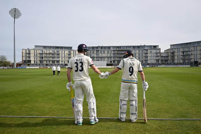 Fin Bean and Adam Lyth prepare to open the batting for Yorkshire on day one of the County Championship game in Bristol. Photo by Dan Mullan/Getty Images.