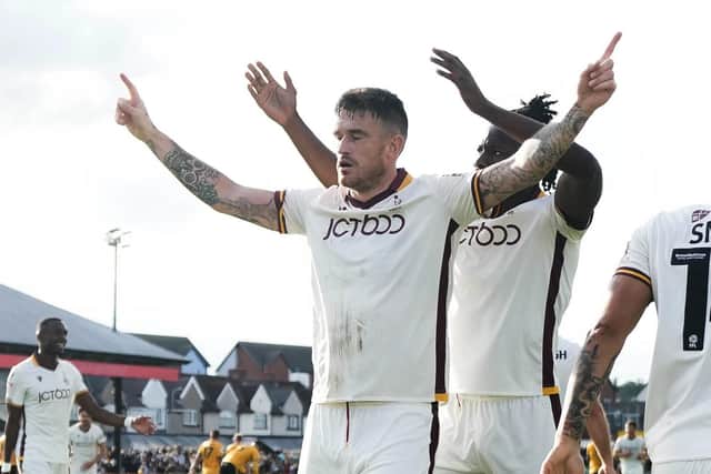 SPOT ON: Bradford City's Andy Cook scored a first-half penalty at Forest Green Rovers. Picture: Robbie Stephenson/PA