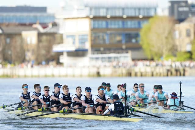 The Oxford Men's team and Cambridge Men's team in action during 169th Men's Gemini Boat Race 2024 on the River Thames. PIC: Joe Giddens/PA Wire.