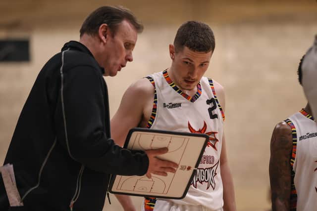 Team game: Bradford Dragons head coach Chris Mellor talks Joe Buchanan through a move during a recent game in National Basketball League Division One for the KitKing Trophy finalists (Picture: LS Media / Luke Simcock)