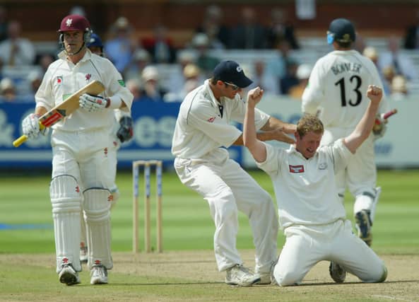 Anthony McGrath, arms aloft, celebrates taking the wicket of Somerset's Jamie Cox during the Cheltenham and Gloucester Trophy final at Lord's in 2002, Yorkshire's last one-day silverware. Photo By Ben Radford/Getty Images.