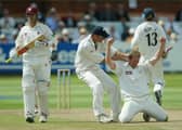 Anthony McGrath, arms aloft, celebrates taking the wicket of Somerset's Jamie Cox during the Cheltenham and Gloucester Trophy final at Lord's in 2002, Yorkshire's last one-day silverware. Photo By Ben Radford/Getty Images.