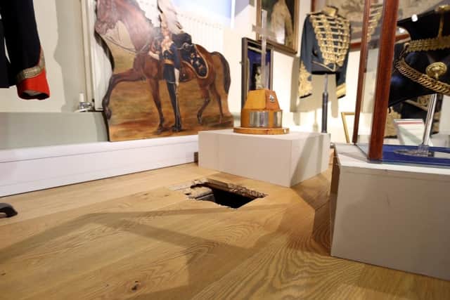 A hole cut in the floor of the Royal Lancers & Nottinghamshire Yeomanry Museum by Graham Gallon, who has been jailed at Nottingham Crown Court, for two-and-a-half years after he stole a "priceless" haul of silver. Police believe items taken by Gallon from the museum, including a rosewater dish described as a sister piece to the Wimbledon women's singles trophy, may have since been melted down. Photo credit should read: Nottinghamshire Police