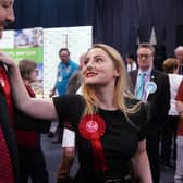 Labour Party candidate Gen Kitchen celebrates with Labour MP for Chesterfield Toby Perkins after being declared winner in the Wellingborough by-election at the Kettering Leisure Village, Northamptonshire. 
Joe Giddens/PA Wire