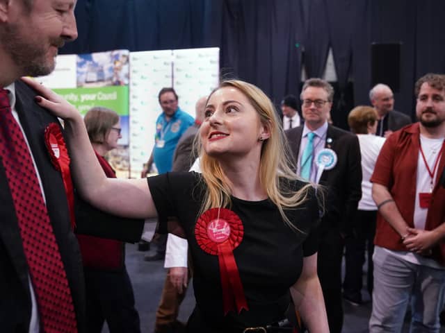 Labour Party candidate Gen Kitchen celebrates with Labour MP for Chesterfield Toby Perkins after being declared winner in the Wellingborough by-election at the Kettering Leisure Village, Northamptonshire. 
Joe Giddens/PA Wire