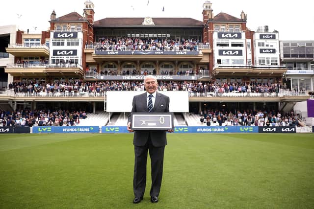 Micky Stewart, the former Surrey and England batsman, poses with a key to The Oval, renamed The Micky Stewart Oval for this match in recognition of his 90th birthday last Friday. Photo by Ben Hoskins/Getty Images for Surrey CCC