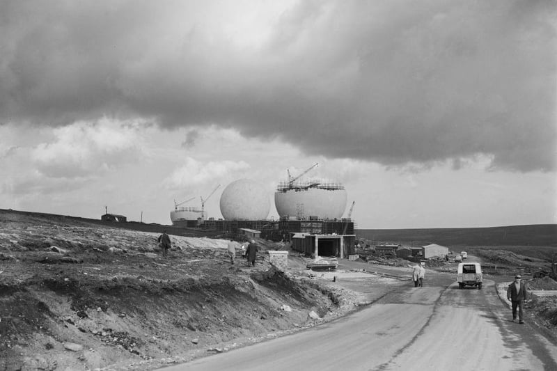 RAF Fylingdales, the Ballistic Missile Early Warning Systems radar base with its domes, known as 'Radomes', under construction, October 2 1962.