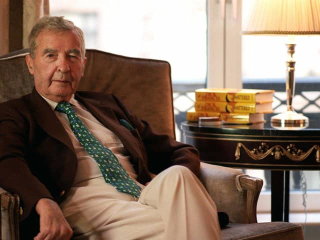 Dick Francis, professional jockey and best selling author, posing in a New York hotel.  Picture: AP Photo/Jim Cooper.