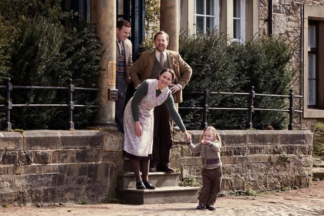 The All Creatures Great and Small Series 7: At Skeldale House, Samuel West (Siegfried Farnon), Callum Woodhouse (Tristan Farnon), Anna Madeley (Mrs Hall) and Rosie (Isabella Ward). Helen Williams - Copyright ©5 Broadcasting Limited / ©Playground Television UK Ltd 2026