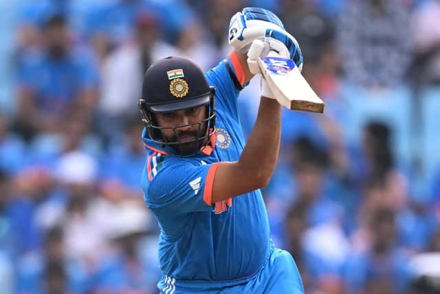 Rohit Sharma played the innings of the match, the India captain top-scoring with 87 as his team made it six wins out of six at the cricket World Cup. Photo by Sajjad HussainAFP via Getty Images.
