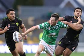 Luke Keary gets away an offload during Ireland's win over Jamaica. (Photo by George Wood/Getty Images for RLWC)